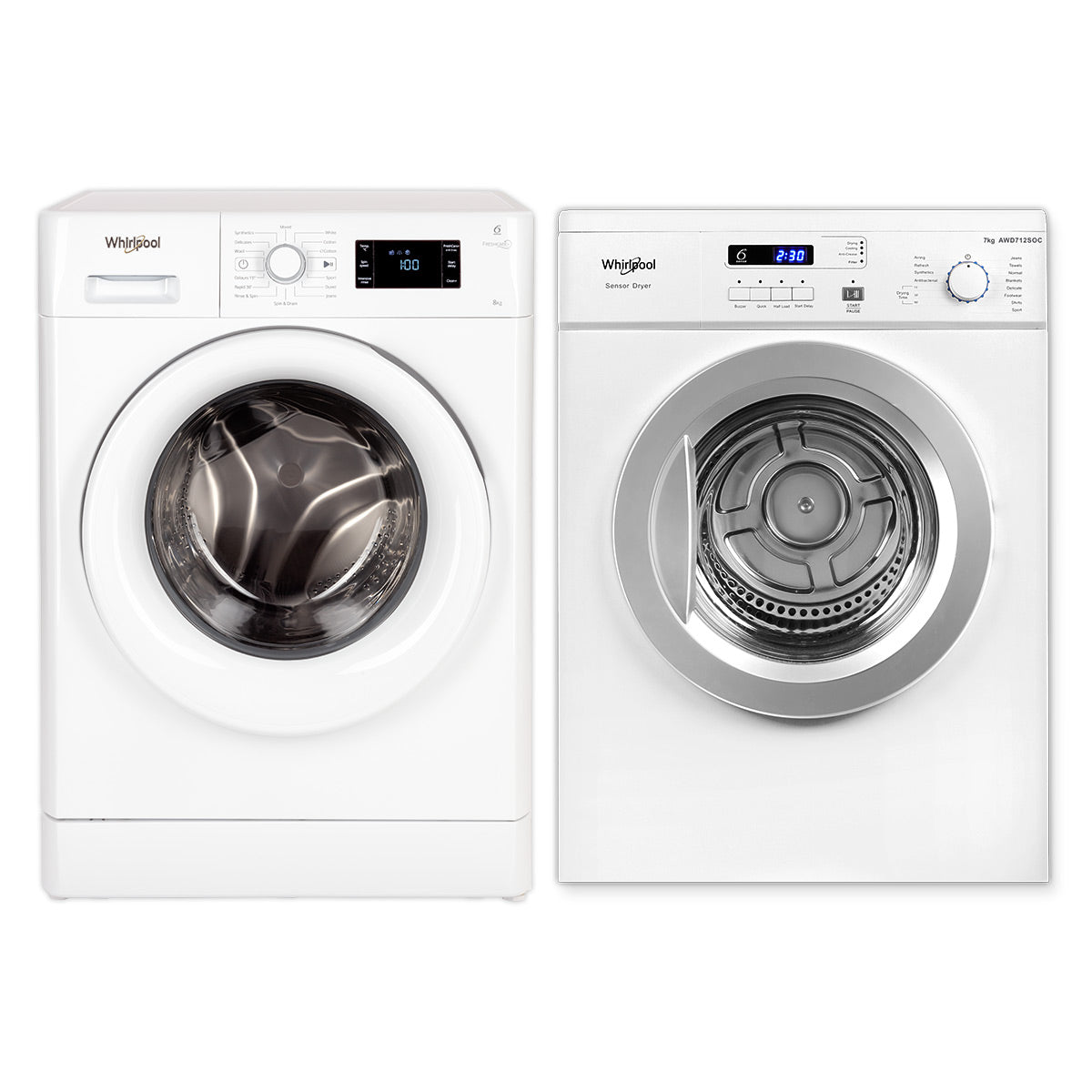 Whirlpool 8kg Front Load Washer & 7kg Air Vented Clothes Dryer Laundry