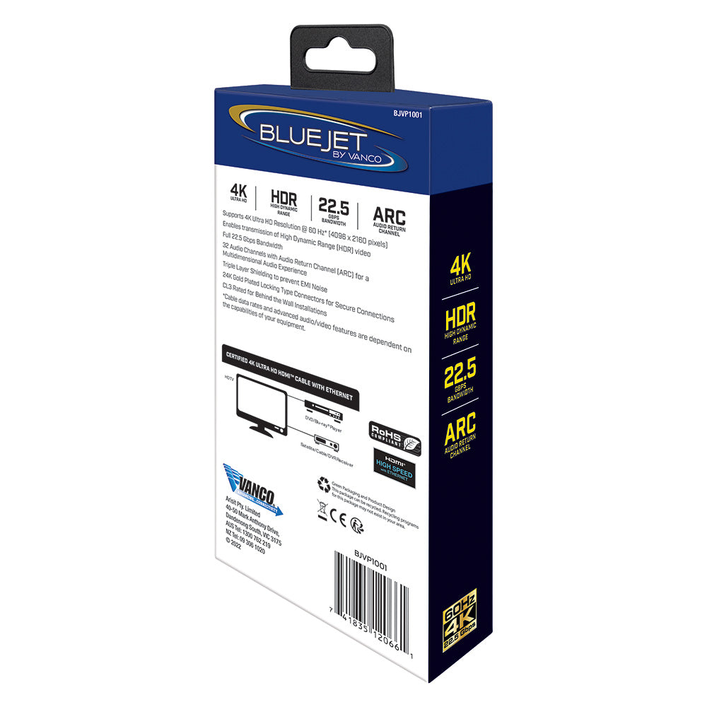 Bluejet 4K Ultra HD 22.5GBPS HDMI Cable - 3 Ft Length (BJVP1001)
