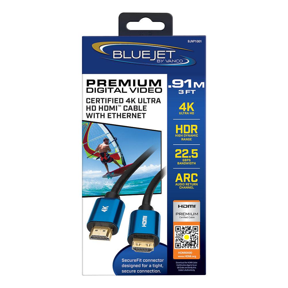 Bluejet 4K Ultra HD 22.5GBPS HDMI Cable - 3 Ft Length (BJVP1001)