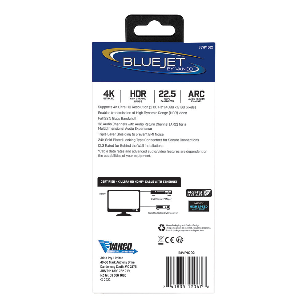 Bluejet 4K Ultra HD 22.5GBPS HDMI Cable - 6 Ft Length (BJVP1002)