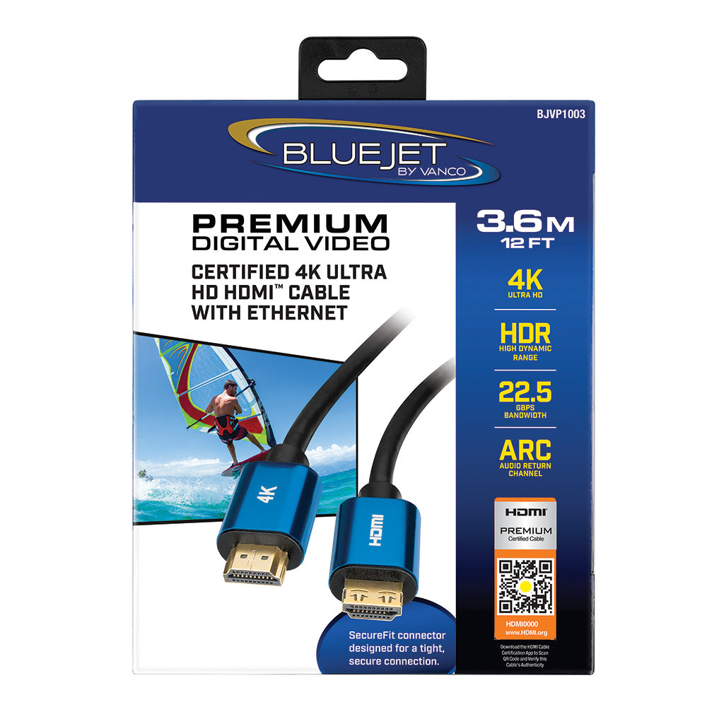 Bluejet 4K Ultra HD 22.5GBPS HDMI Cable - 12 Ft Length (BJVP1003)