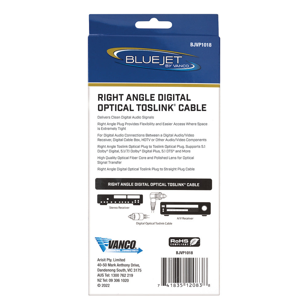 Bluejet Right-Angle Digital Optical Toslink Cable - 12 Ft Length (BJVP1018)