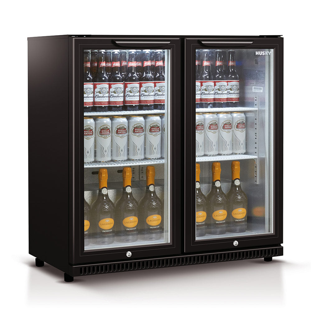 Husky 190L Double Glass Door Outdoor Bar Fridge/Drinks Chiller in Black (HUS-C2-840-BLK) - Factory Seconds