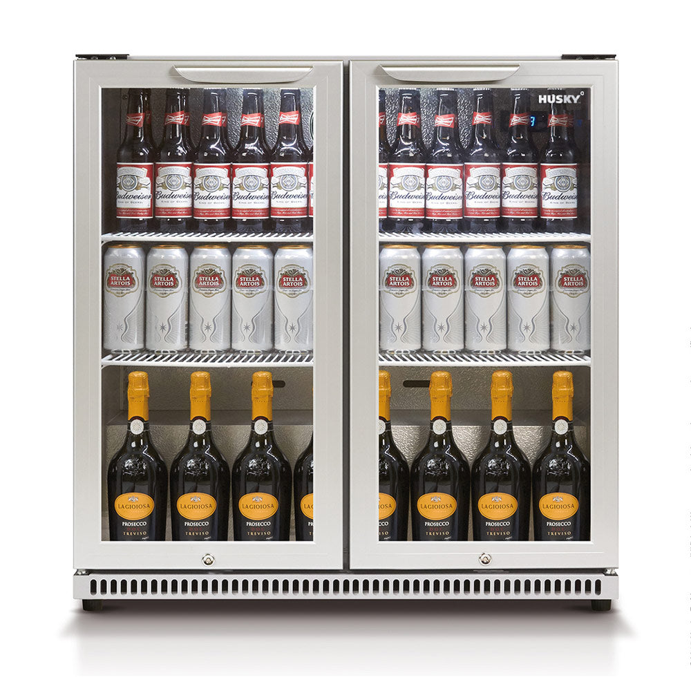 Husky 190L Double Glass Door Outdoor Bar Fridge/Drinks Chiller in Silver (HUS-C2-840) - Factory Seconds