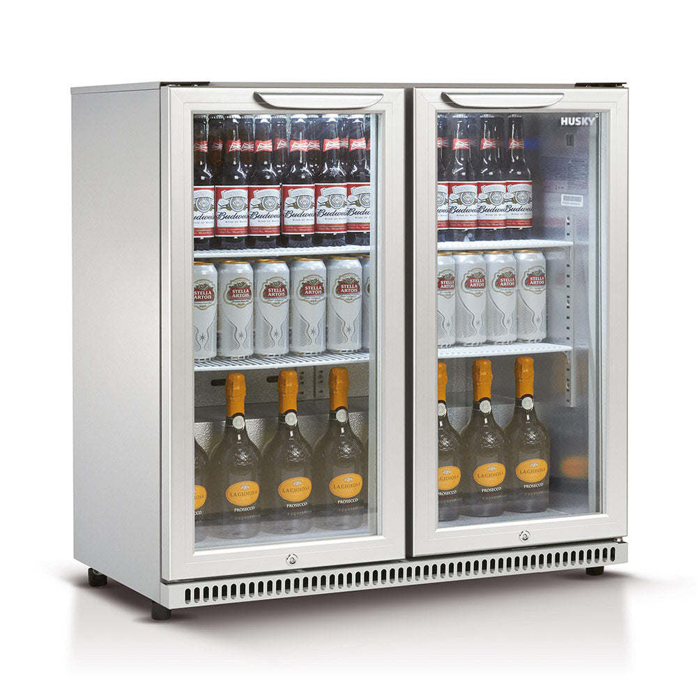 Husky 190L Double Glass Door Outdoor Bar Fridge/Drinks Chiller in Silver (HUS-C2-840) - Factory Seconds