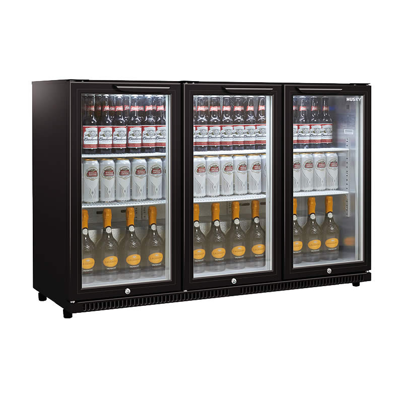 Husky 307L Triple Glass Door Bar Fridge/Drinks Chiller In Black (HUS-C3-840-BLK)