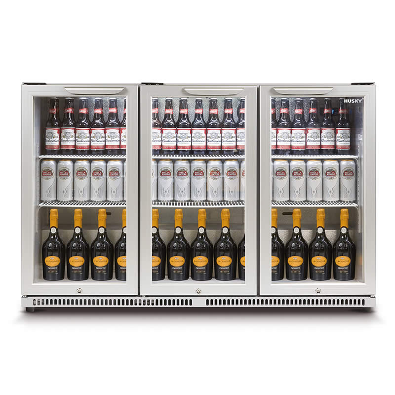 Husky 307L Triple Glass Door Bar Fridge/Drinks Chiller In Silver (HUS-C3-840)
