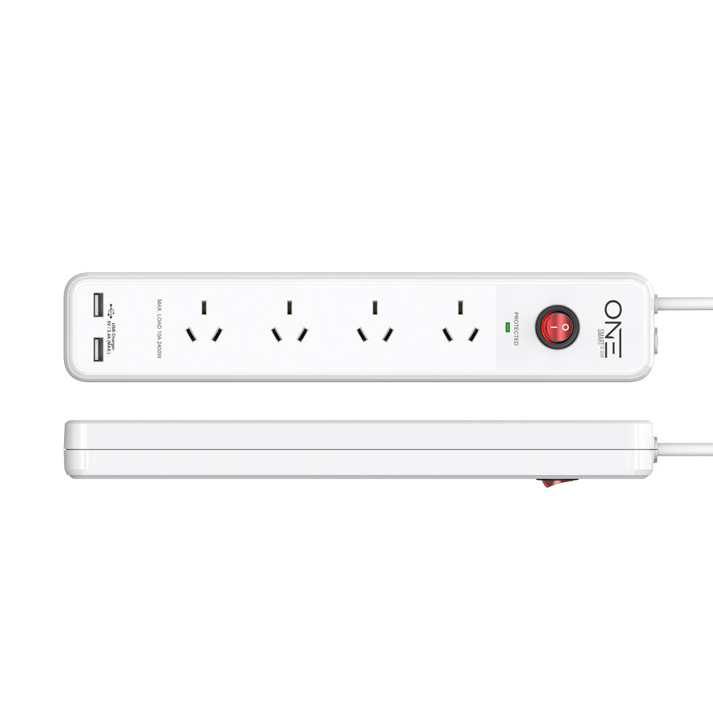 One Products 4-Outlet Surge Protected Power Board With Dual USB in White (OSSPD4202-AU)