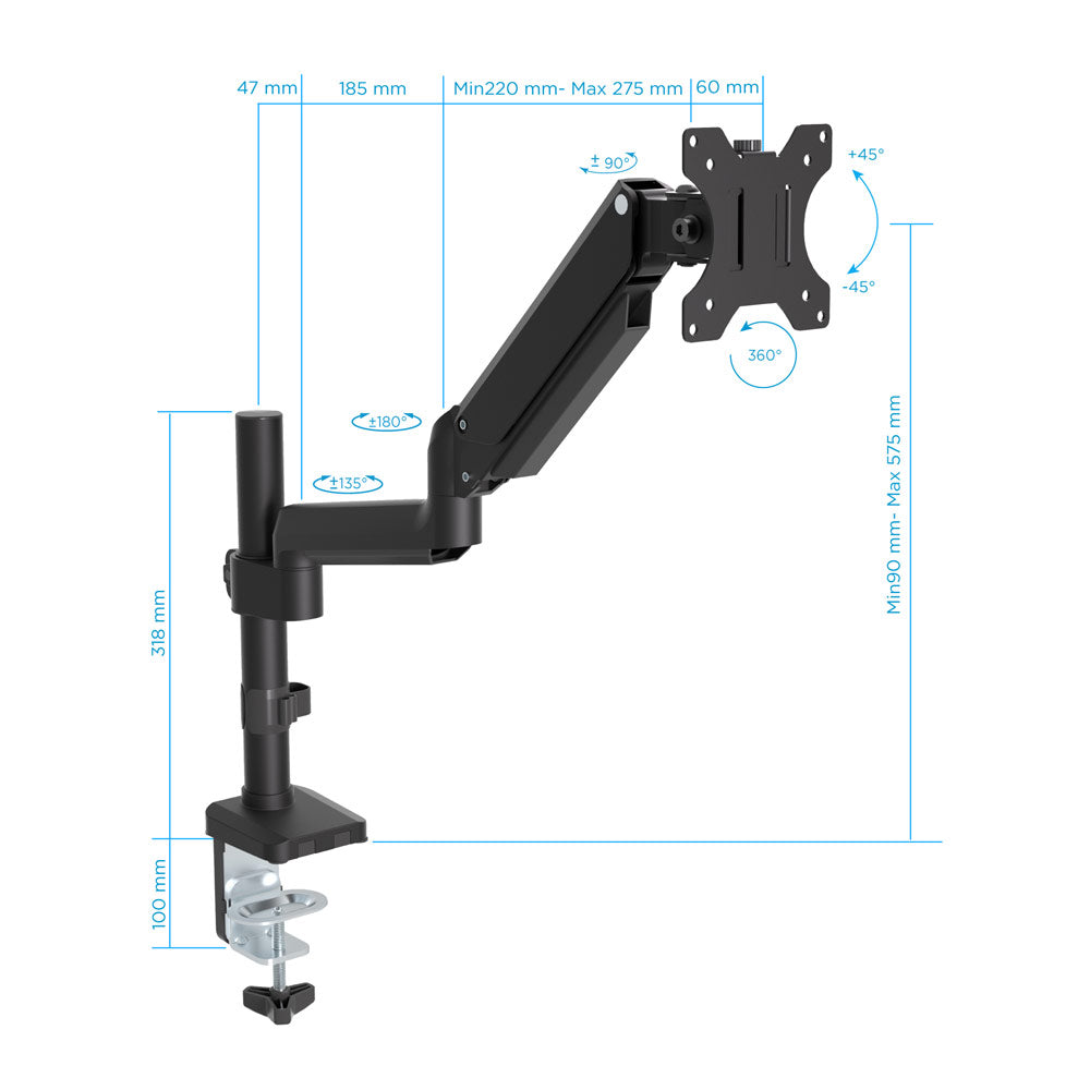 One Products Single-Arm Gas Spring-Assisted Desktop Mount Bracket for 13" to 32" Monitor (PPMA1S-E)