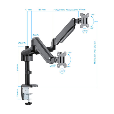 One Products Double-Arm Gas Spring-Assisted Desk Mount Bracket for 13" to 32" Monitor (PPMA2S-E)