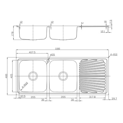 Tisira 118cm 2 Bowl Stainless Steel Kitchen Sink With Right Hand Drainer (TSLE1180R)