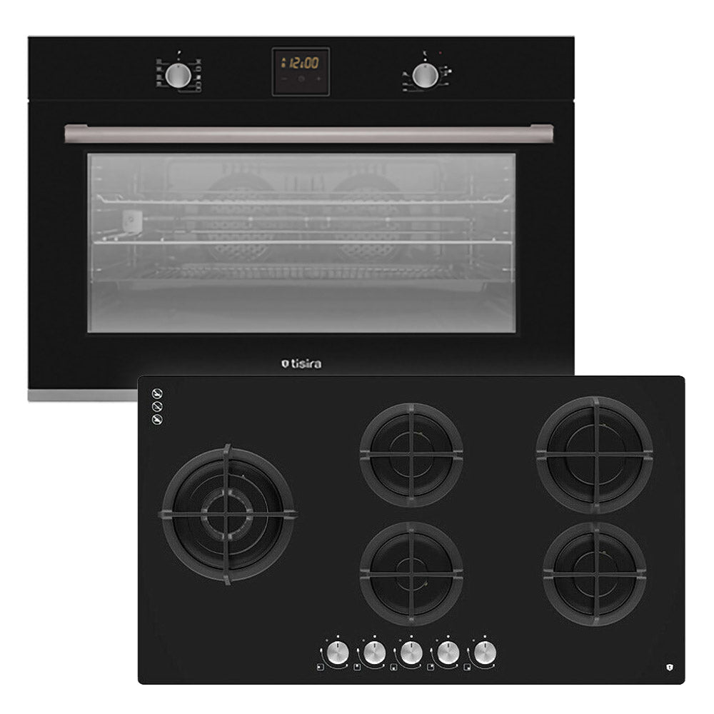 Tisira 90cm Black Built-In Oven & 90cm Black Glass Gas Cooktop Kitchen Bundle