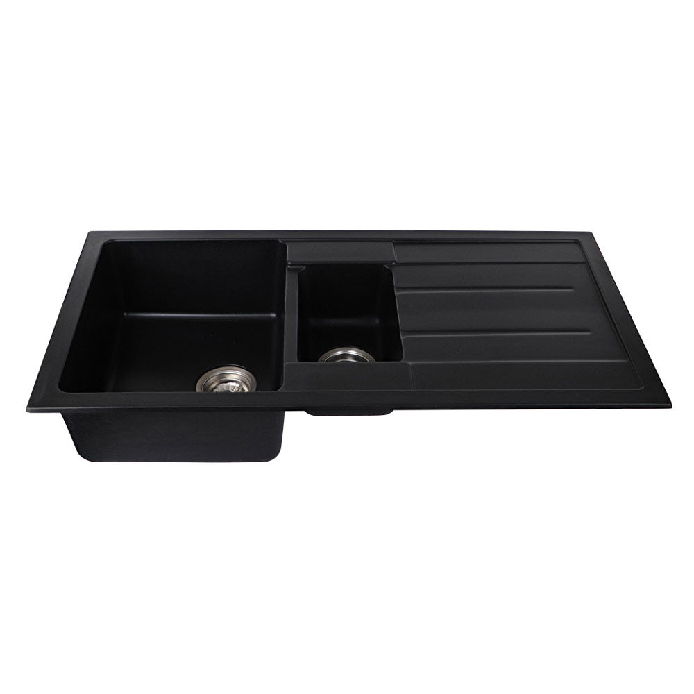 Tisira 100cm 1.5 Bowl Black Granite Kitchen Sink & Reversible Drainer (TSG1000BK)