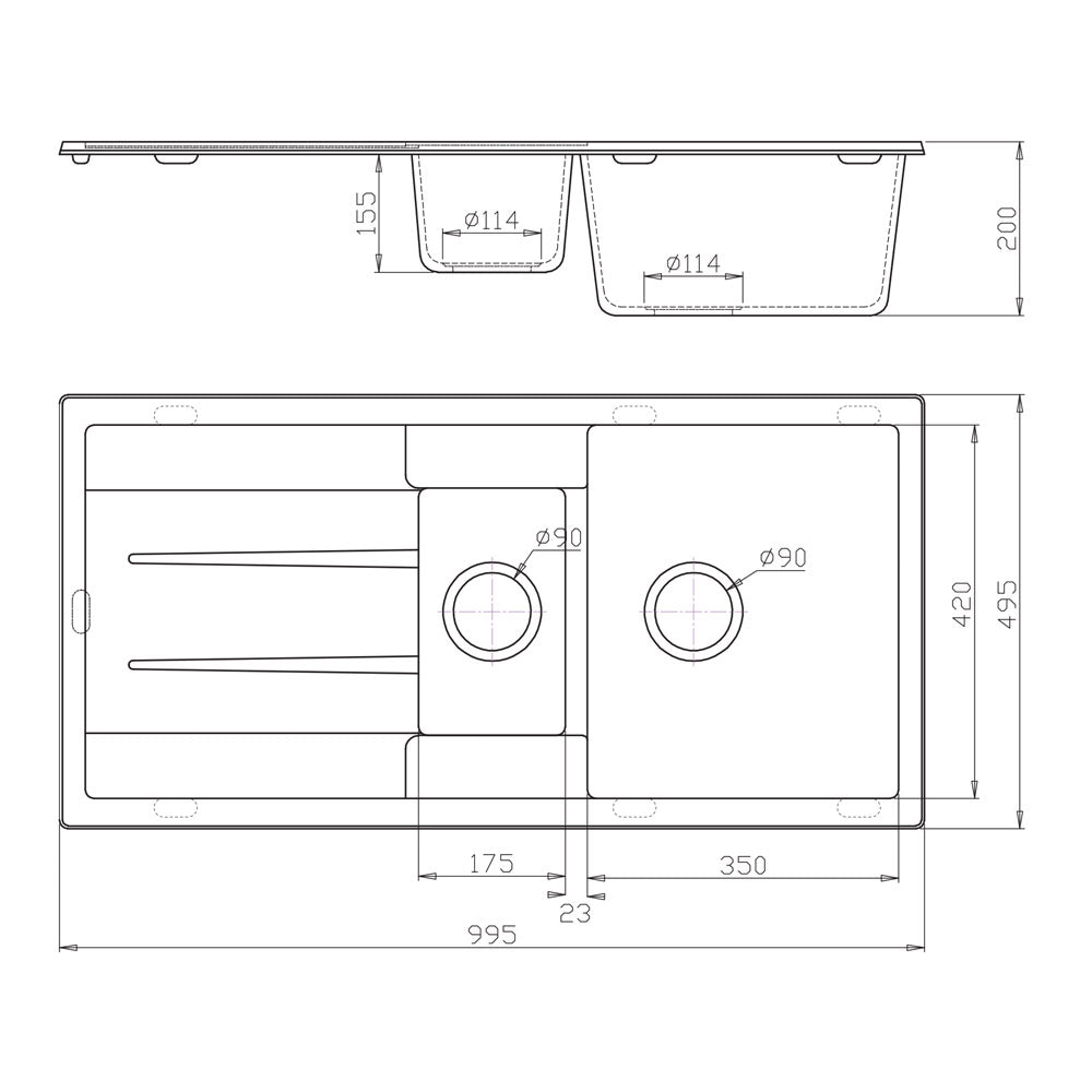 Tisira 100cm 1.5 Bowl Black Granite Kitchen Sink & Reversible Drainer (TSG1000BK)