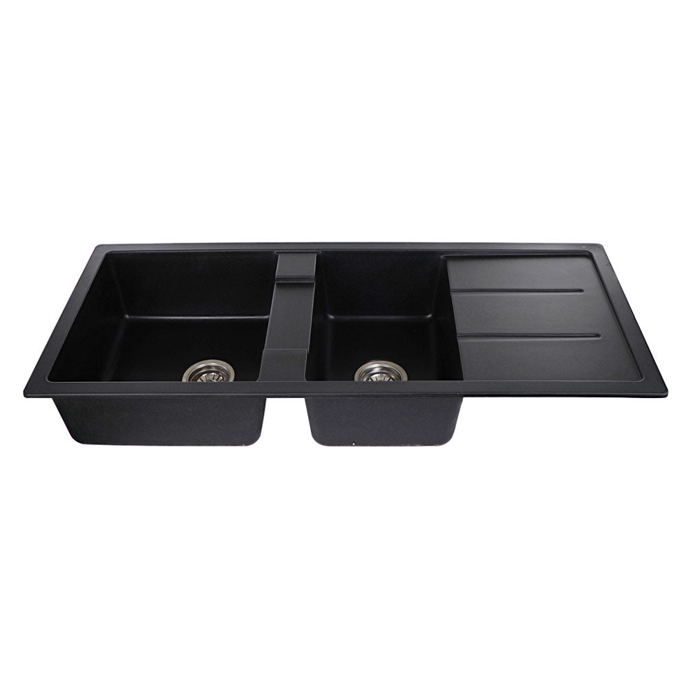 Tisira 116cm 2 Bowl Black Granite Kitchen Sink & Reversible Drainer (TSG1160BK)