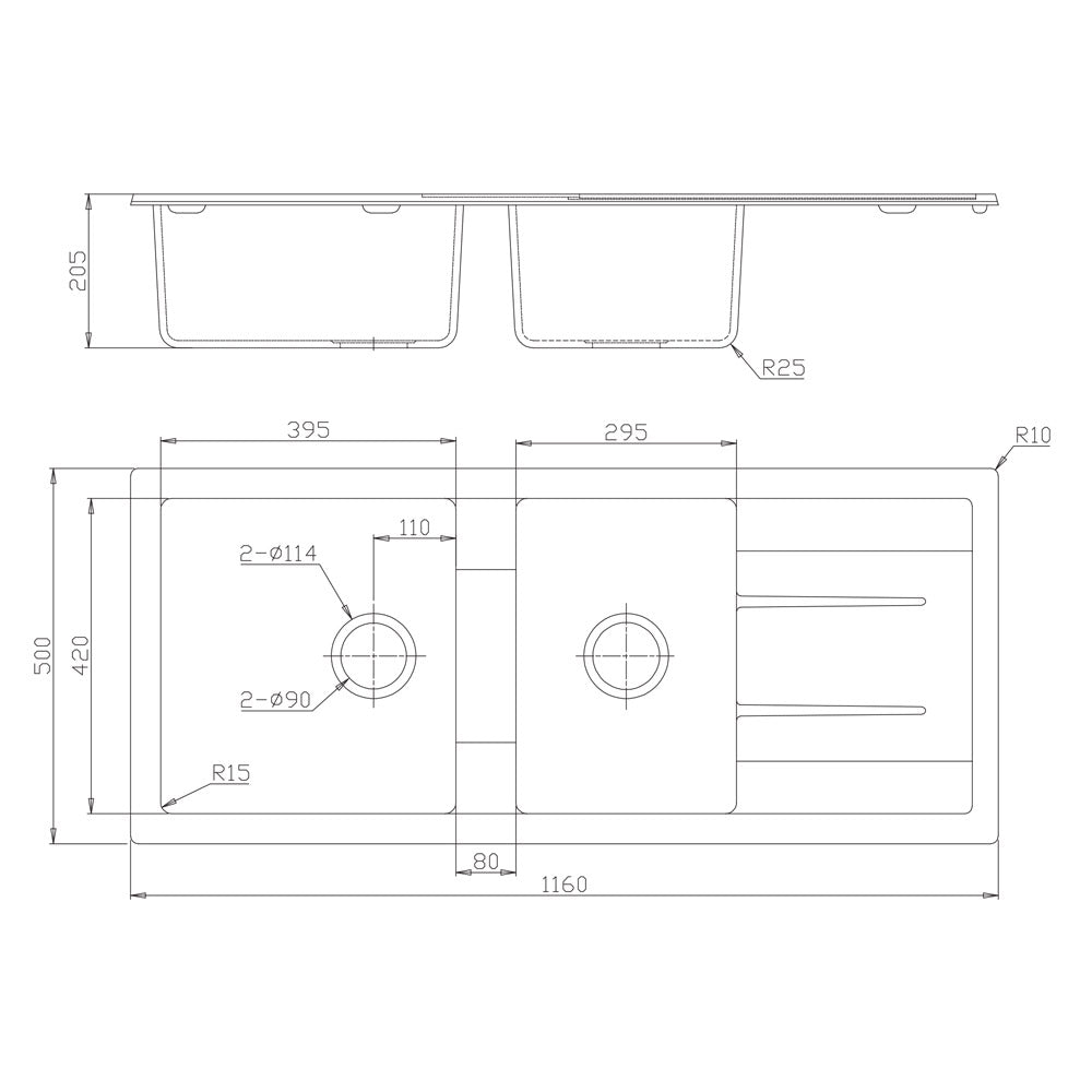 Tisira 116cm 2 Bowl White Granite Kitchen Sink & Reversible Drainer (TSG1160WH)